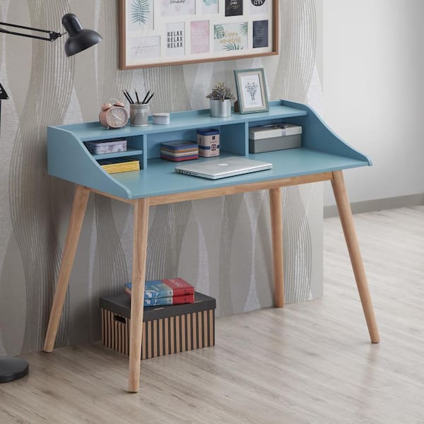 Noble House 43.3 in. Rectangular Blue Rubber Wood Desk with Hutch