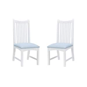 Maud White Wood Slat Back Dining Chair with Light Blue Faux Leather Seat (Set of 2)