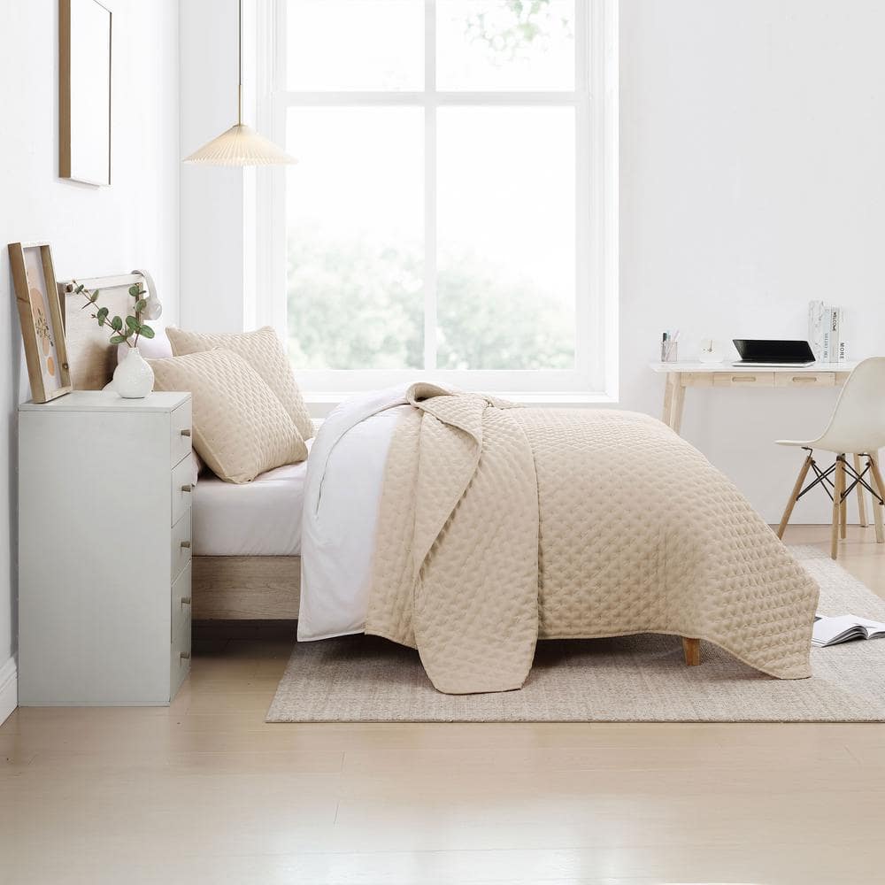 Beige Full Microfiber Bubble Quilt Set with Shams