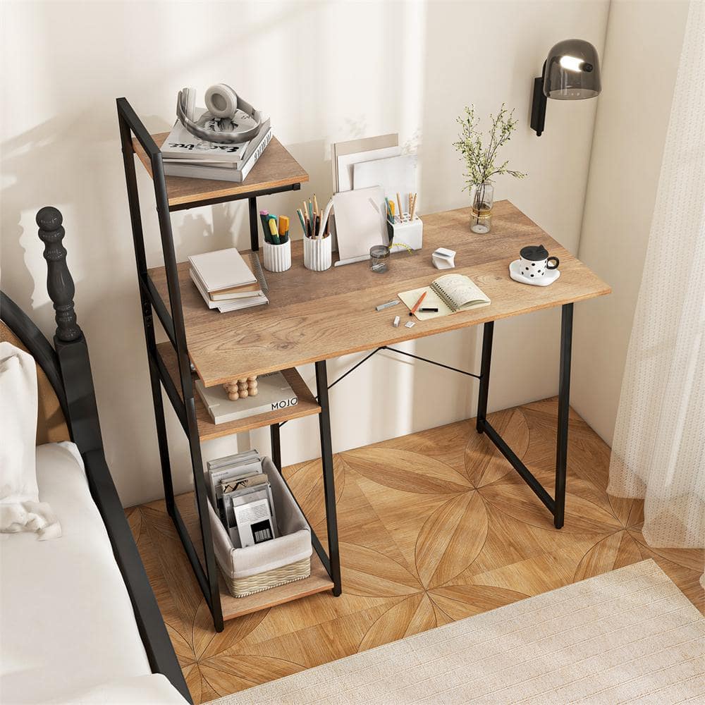 Natural Wood and Metal 4-Tier Computer Desk with Shelves