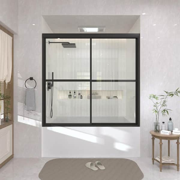 59 in. W x 56 in. H Sliding Framed Tub/Shower Door in Black with Clear Glass and Handles