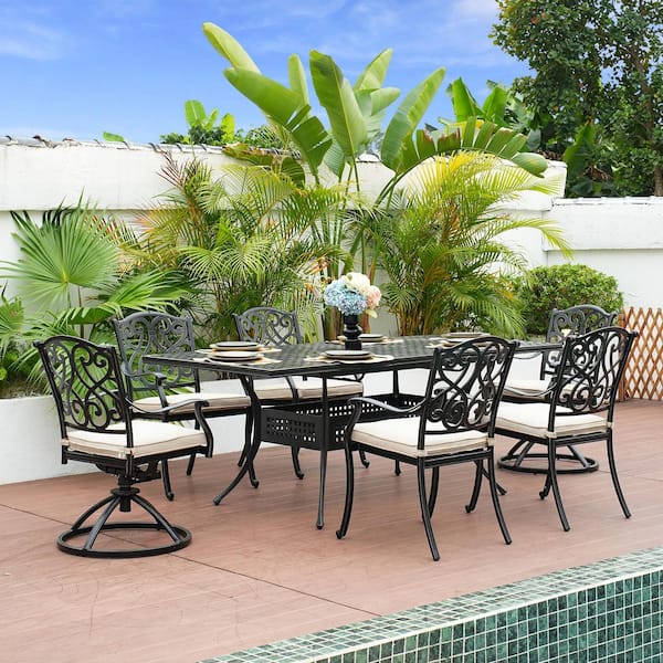 Black Cast Aluminum Swivel Rocking Outdoor Dining Chair with Beige Cushions (2-Pack)