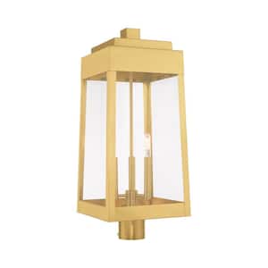 Vaughn 25 in. 3-Light Satin Brass Cast Brass Hardwired Outdoor Rust Resistant Post Light with No Bulbs Included