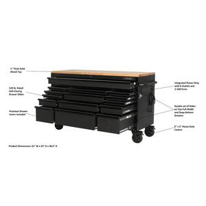 61 in. W x 23 in. D Heavy Duty 15-Drawer Mobile Workbench Tool Chest with Solid Wood Top in Matte Black