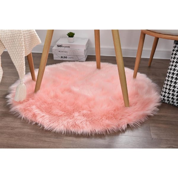 Sheepskin Faux Furry Pink Cozy Rugs 3 ft. x 3 ft. Round Area Rug