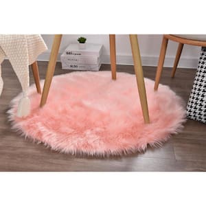 Sheepskin Faux Furry Pink Cozy Rugs 3 ft. x 3 ft. Round Area Rug