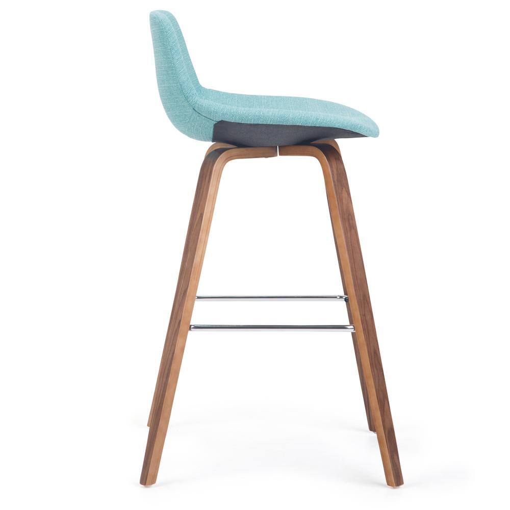 Aqua Blue Linen Bentwood Counter Height Stools with Chrome Footrest, Set of 2