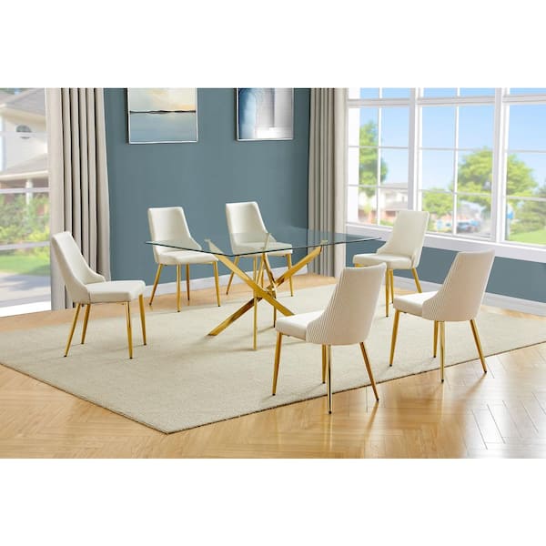 Best Quality Furniture Olly 7-Piece Clear Glass Top Cross Leg Base Dining Set with 6 Cream Gold Chrome Chairs
