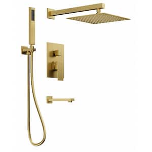 3-Spray 10 in. Wall Mount Dual Shower Head and Handheld Shower Tub Shower Set in Brushed Gold (Valve Included)