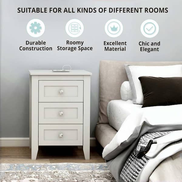 White 3-Drawer 15.6 in. W Nightstand (2-Piece)