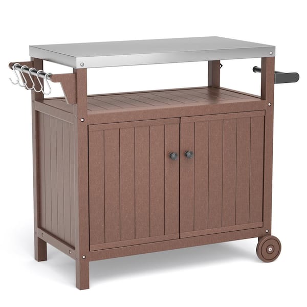 Unbranded Brown Outdoor Waterproof Stainless Steel BBQ Cart Kitchen Island Cart Grilling Table with Wheels, Hooks, Side Shelf