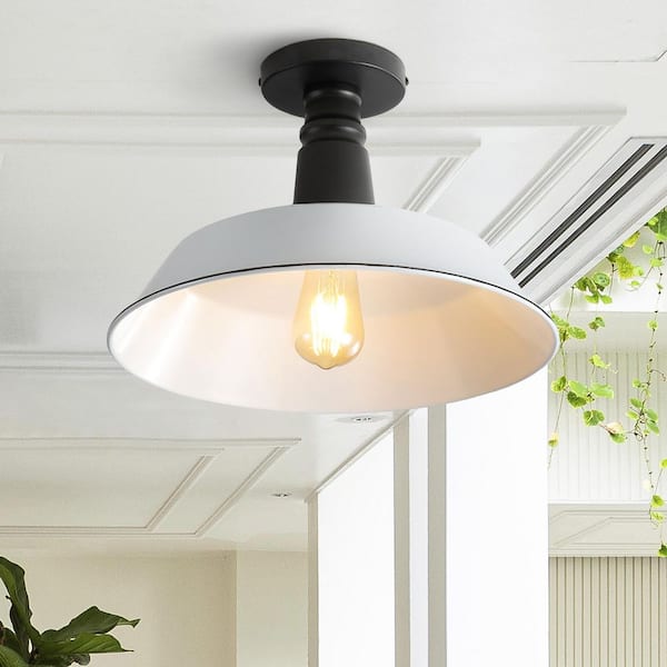 JONATHAN Y Camila 14 in. 1-Light White/Black Classic Industrial Indoor/Outdoor Iron LED Semi Flush Mount