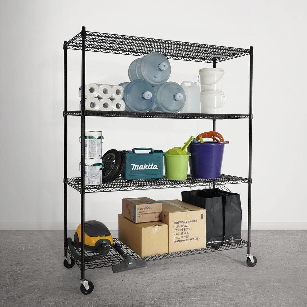 Black 60" Heavy Duty Adjustable Wire Shelving with Wheels