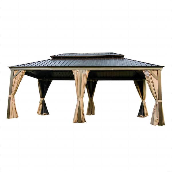 domi outdoor living 12 ft. x 20 ft. Aluminum Hardtop Gazebo with Galvanized Steel Double Roof Netting Curtains