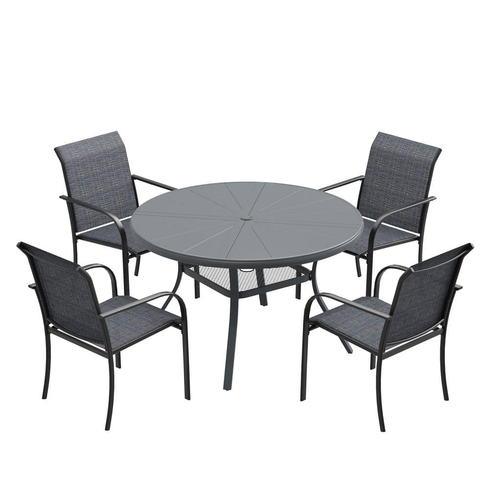 5-Piece Patio Dining Set with 40.6 in. Grey Aluminum Round Table and 4-Grey Stackable Dining Chairs for Outdoor Use
