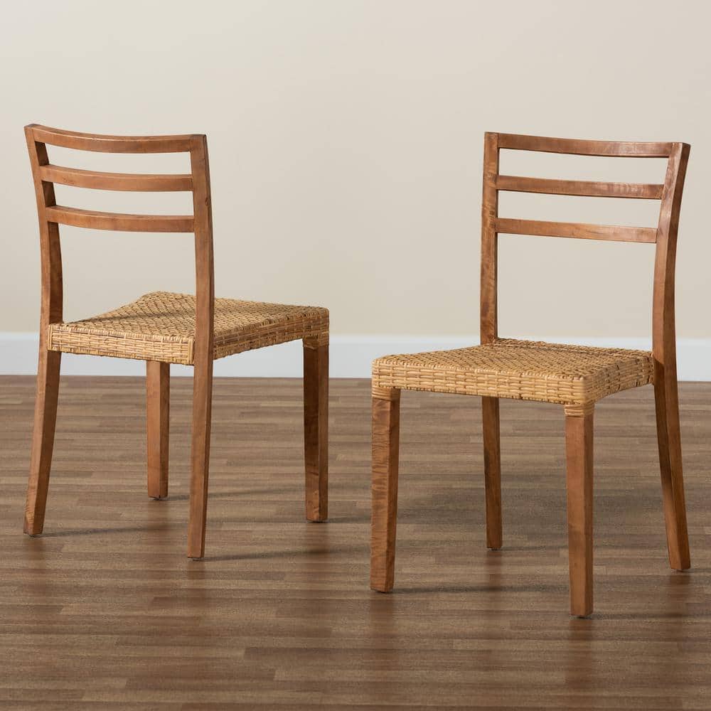 Arthur Mid-Century Modern Walnut and Natural Rattan Dining Chair Set