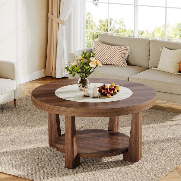 BYBLIGHT Allan 31.5 in. Walnut and White Round Wood Coffee Table