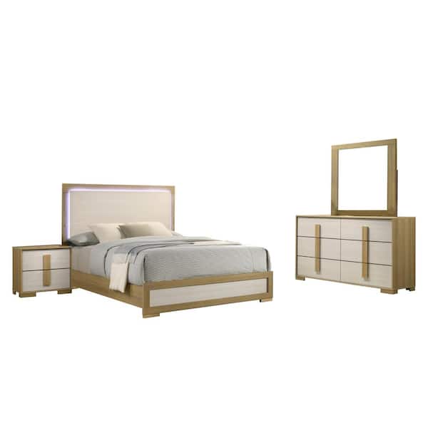 Best Quality Furniture Alissa 4-Piece Natural-White Color Wood Frame Queen Panel Bedroom Set