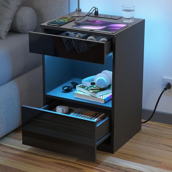 Modern Black 2-Drawer 23.62 in. H x 15.75 in. W x 13.78 in. D Nightstand with Charging Station and RGB LED Light Strip