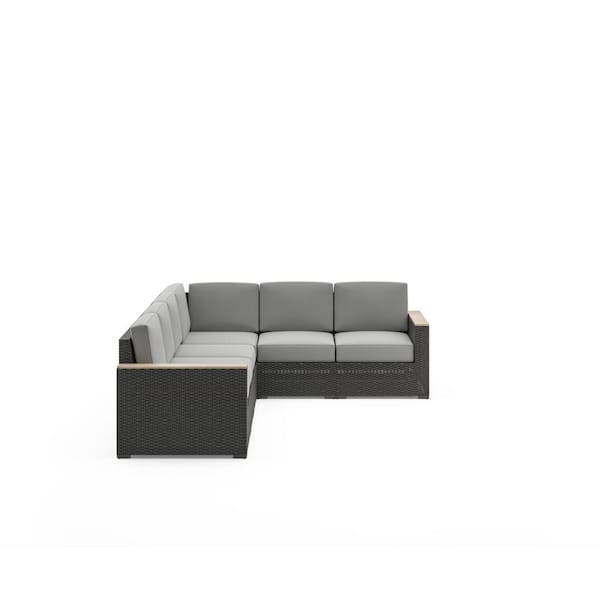 HOMESTYLES Boca Raton Brown 6 Piece Wicker Rattan Outdoor Sectional with Gray Cushions