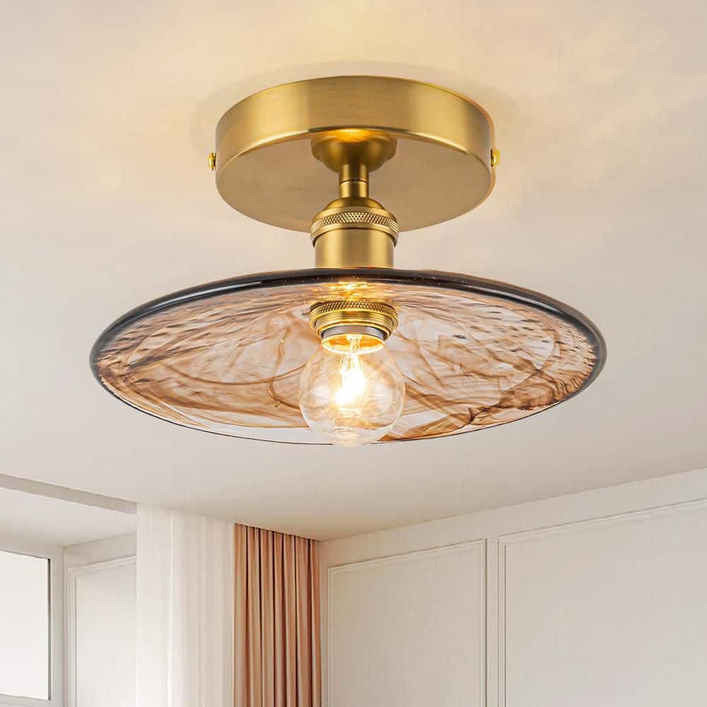 Chasy 1-Light 8.7 in.W Brass Art Glass Round Semi-Flush Mount Light with Amber Swirl Disc Glass for Hallway and Bedroom price history on PriceWatchPro