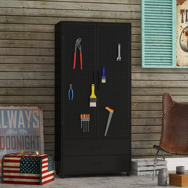FUFU&GAGA 31.5 in. W x 67.7 in. H x 15.7 in. D Wood Freestanding Cabinet in Black With Perfboard Door, Drawers