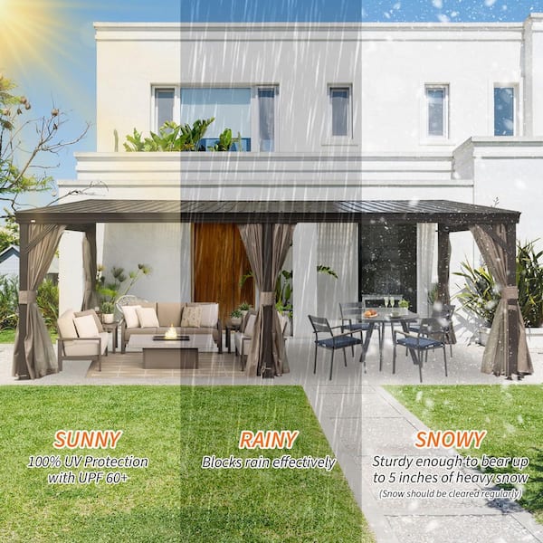 12 ft. x 20 ft. Brown Aluminum Wall Mounted Lean-to Hardtop Gazebo with Galvanized Steel Roof, Curtains and Netting