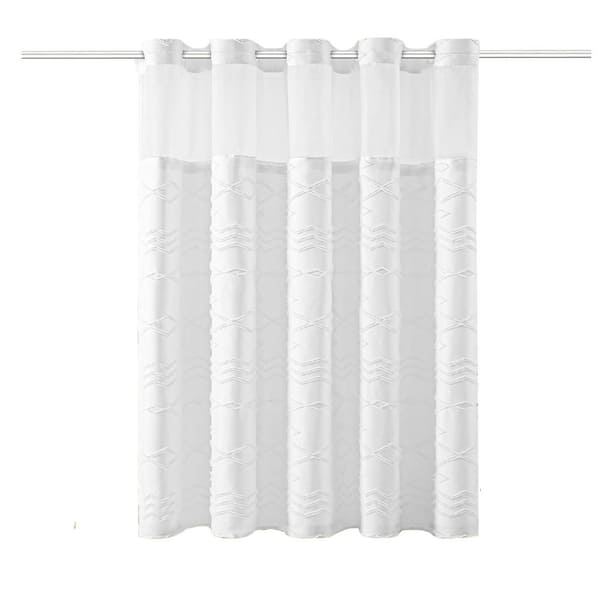 Unbranded Boho Farmhouse Shower Curtain Tufted Chevron Striped with Snap in Liner 72 x 80 Water Resistant White Fabric