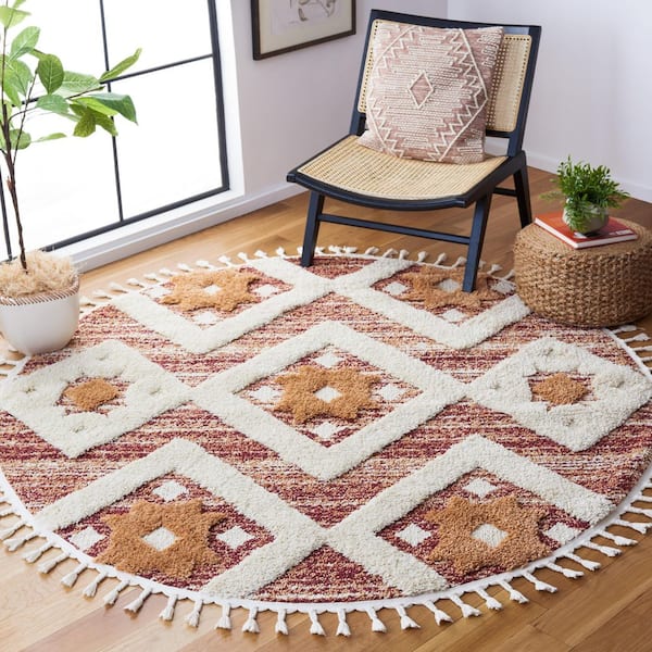 Moroccan Tassel 7 ft. x 7 ft. Rust/Ivory Geometric Round Rug