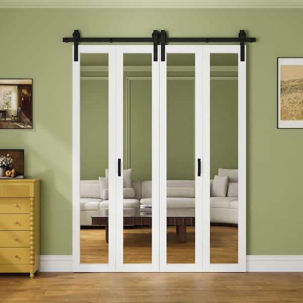 72 in. x 84 in. Pre-Drilled 1 Lite Mirrored Glass White Primed MDF Bifold Sliding Barn Door with Hardware Kit