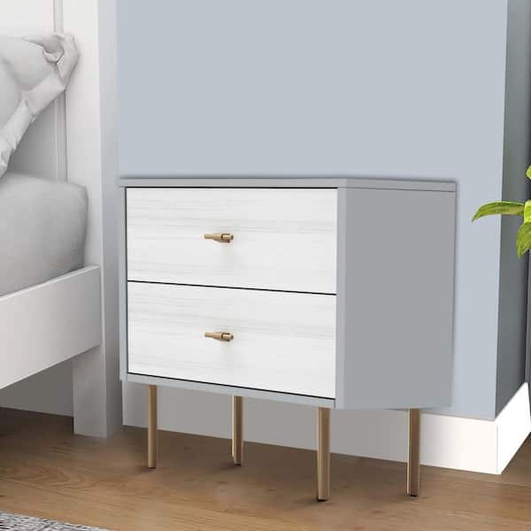 Benjara Gray, White and Gold 2-Drawer 20 in. Wooden Nightstand