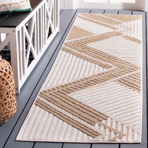 Global 2 ft. x 16 ft. Beige/Light Beige Abstract Chevron Indoor/Outdoor Runner Rug