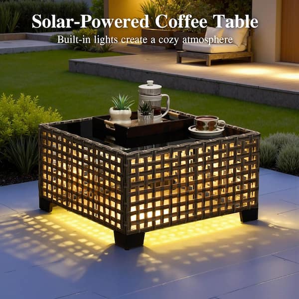 Tiberte Gray 9-Piece Wicker Outdoor Sectional Set with Dark Gray Cushions and Solar LED Coffee Table