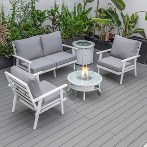 Walbrooke White 5-Piece Aluminum Round Patio Fire Pit Set with Grey Cushions and Tank Holder
