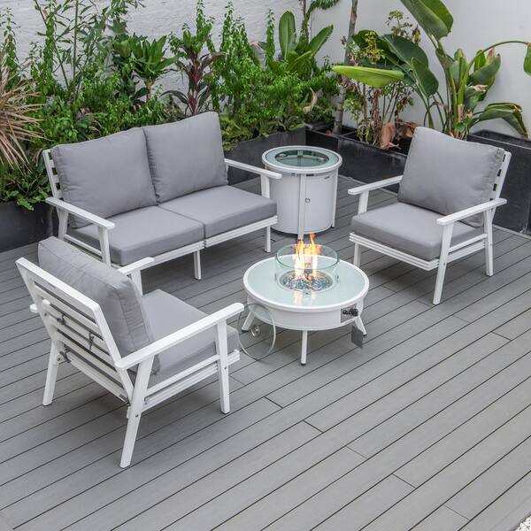 Leisuremod Walbrooke White 5-Piece Aluminum Round Patio Fire Pit Set with Grey Cushions and Tank Holder