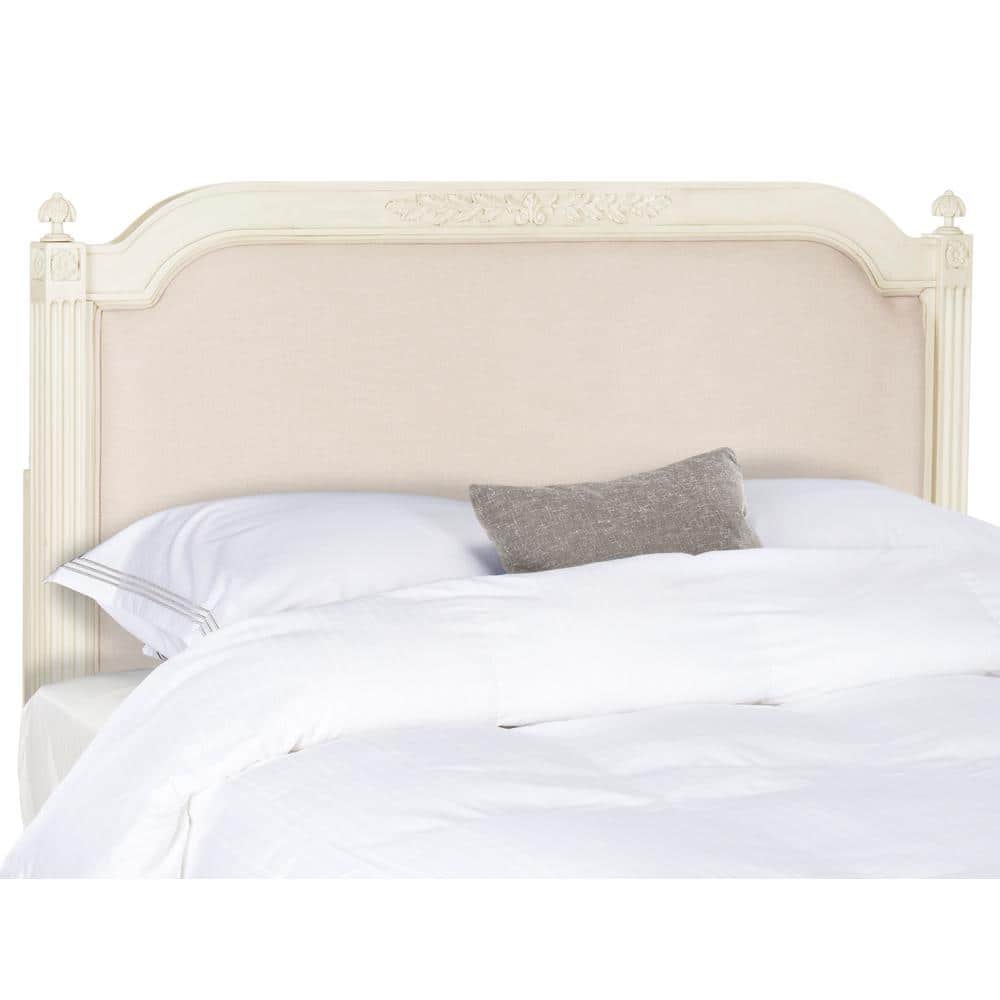 Beige Linen Upholstered Queen Headboard with Carved Wood Accents