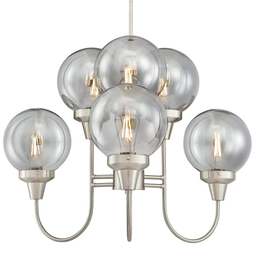 Elegant 6-Light Brushed Nickel Chandelier with Smoke Grey Glass Globes