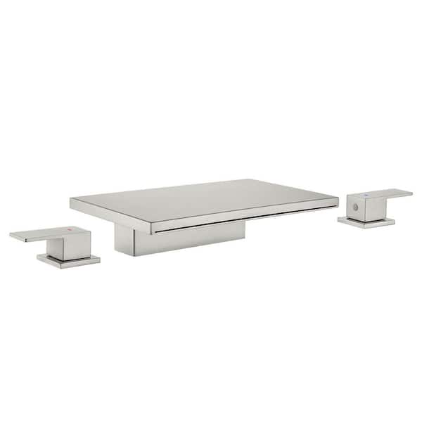 2-Handle Waterfall Deck-Mount Roman Tub Faucet with Valve Modern Brass 3-Hole Tub Fillers in Brushed Nickel