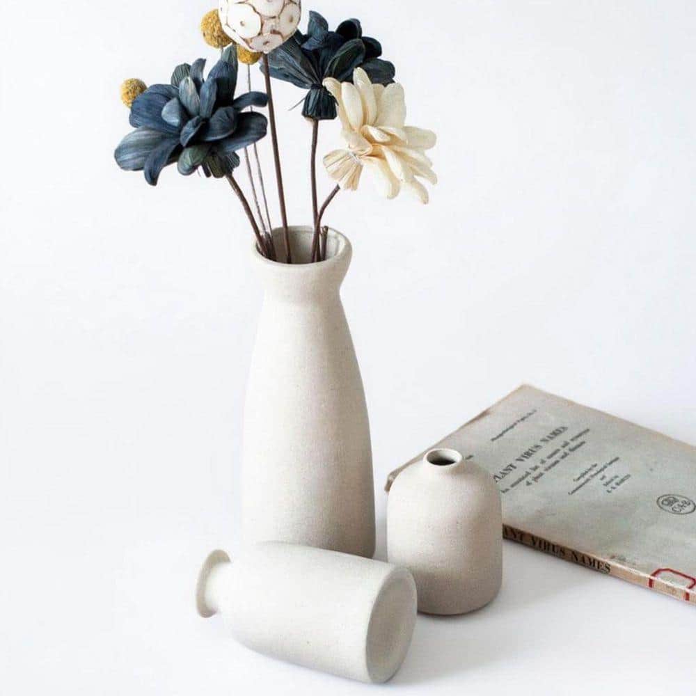 Beige Ceramic vase Set-3 Small Flower vases for Decor, Modern Boho Farmhouse Home Decor（8.3in+4in+4.9in)，BottleShape SM9ZL23DWT