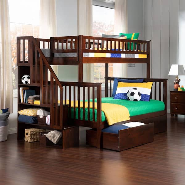 Woodland Walnut Twin Over Full Staircase Bunk Bed with 2-Urban Bed Drawers
