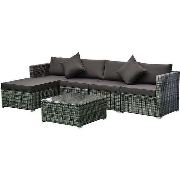 FORCLOVER 6-Piece Wicker Patio Conversation Set with Charcoal Cushions and Throw Pillows