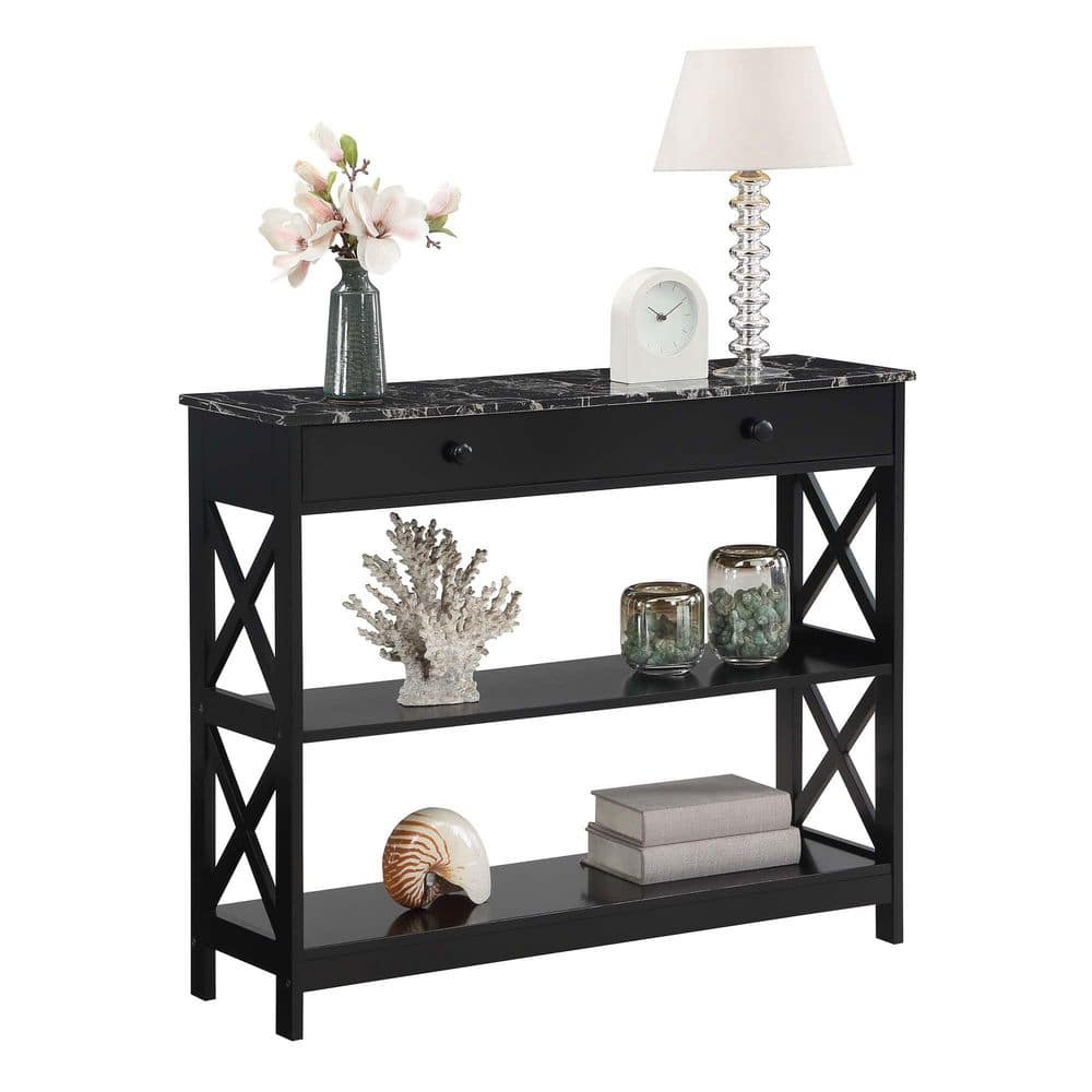 Oxford Black Faux Marble Console Table with X-Pattern Storage