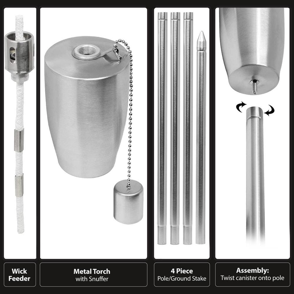 Stainless Steel 5 ft Outdoor Cylinder Torches with Fiberglass Wick, Set of 2