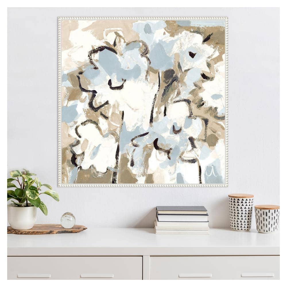 Light Blue and Beige Floral Beaded Canvas Wall Art