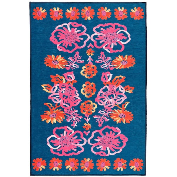 DASH & ALBERT Graphic Gerbera Machine Washable Fuchsia 2.6 ft. x 8 ft. Indoor Area Rug