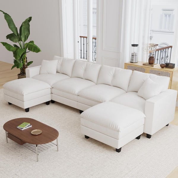 Morris 137 in. Chenille Upholstered Rectangle Sectional Sofa in Beige with Ottoman, Armrest Storage
