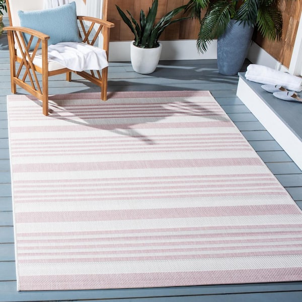 Courtyard Ivory/Soft Pink 2 ft. x 4 ft. Geometric Striped Indoor/Outdoor Area Rug