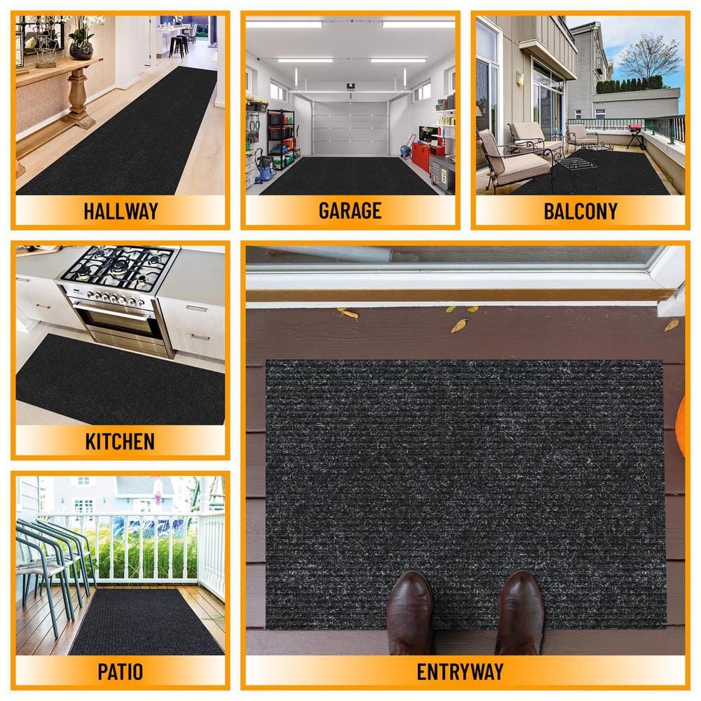 Modern Utility Black Synthetic 31x118 Ribbed Indoor/Outdoor Runner Rug