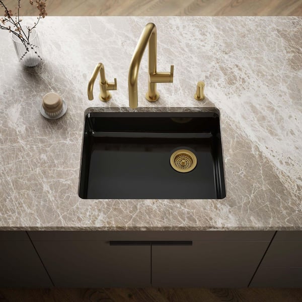 Riverby Undermount Cast Iron 25 in. 5-Hole Single Bowl Kitchen Sink in Black Black