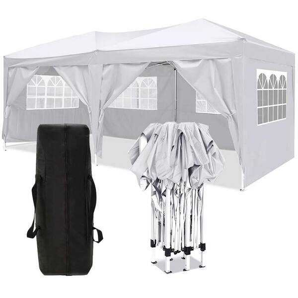 Kahomvis 10 ft. x 20 ft. White Portable Wedding Party Gazebo Folding Canopy Pop Up Tent with 6 Removable Sidewalls, Carry Bag